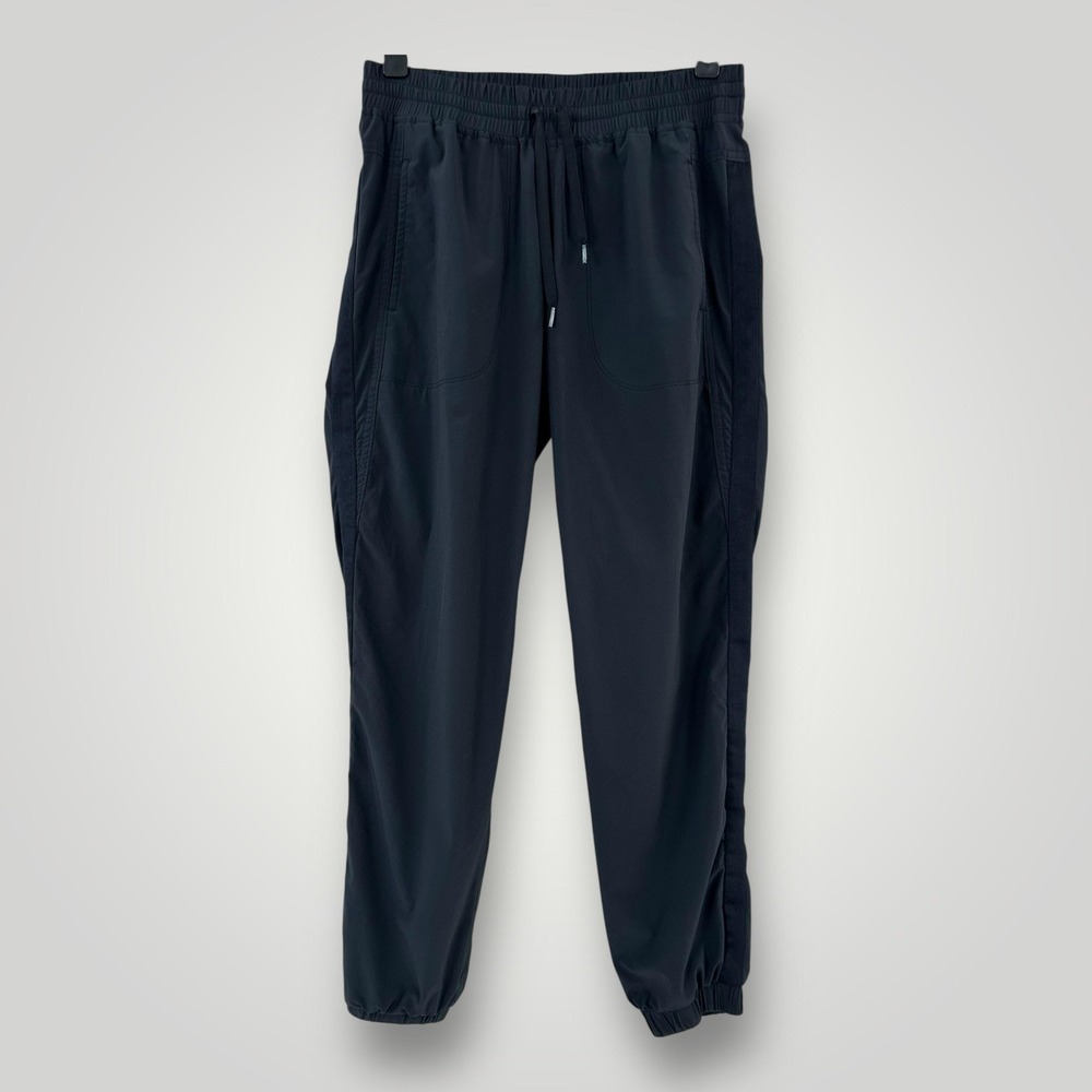 Athleta Andale Jogger Pants Womens 4 Black Tapered Elastic Waist Tuxedo Stripe